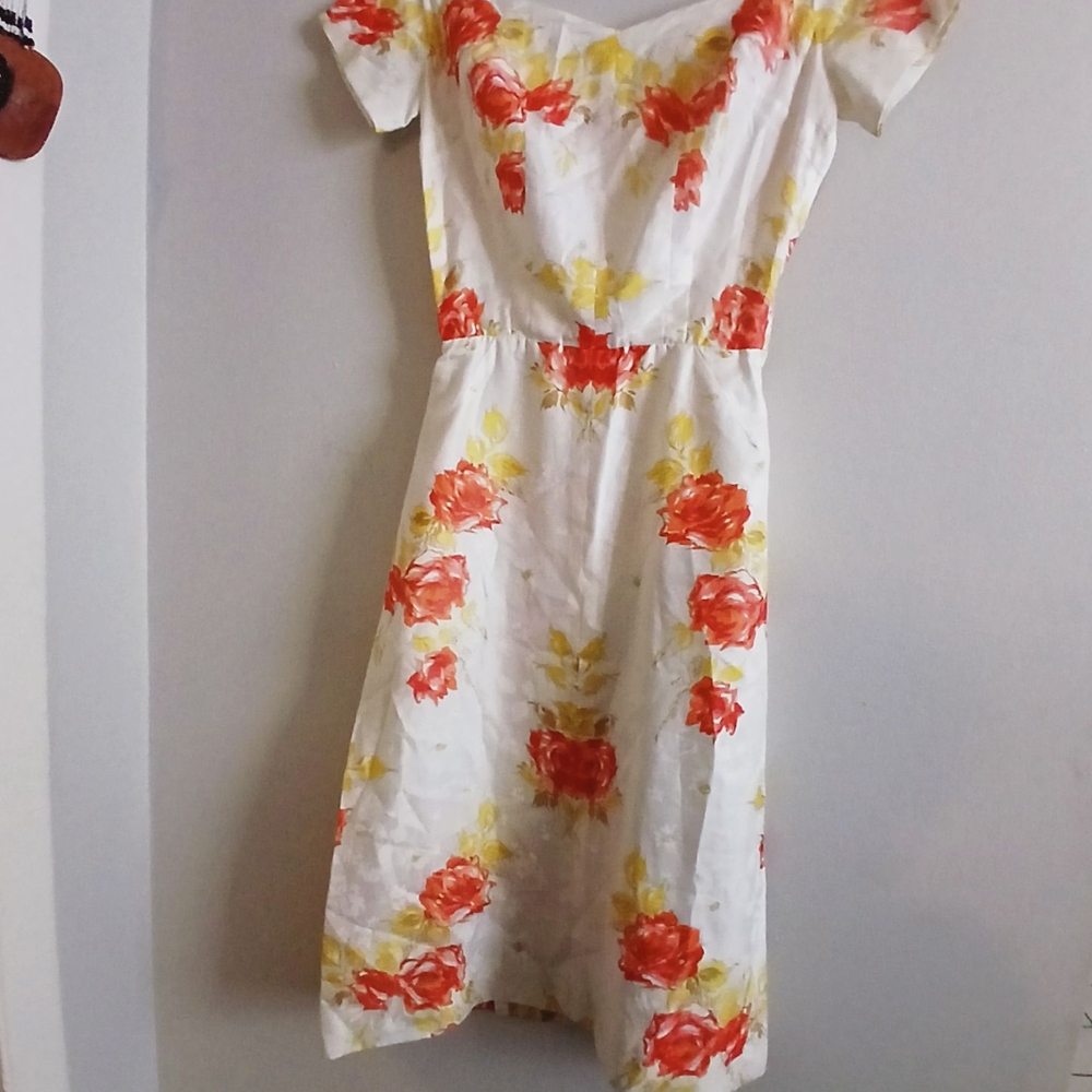 Floral White Dress with Red and Yellow Accents